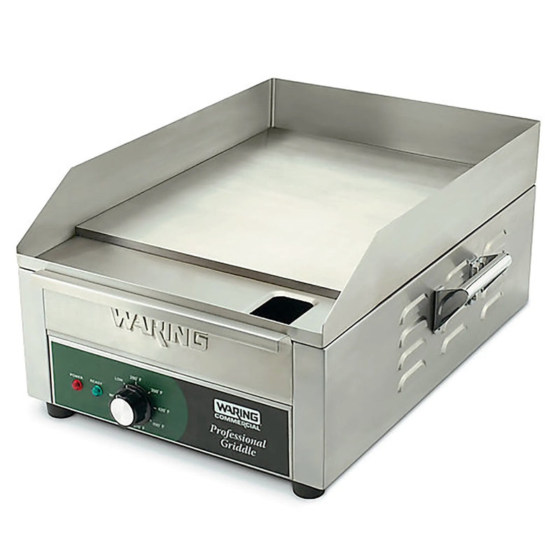Waring WGR140X 14-inch electric countertop griddle in stainless steel with splash guards, angled front view
