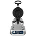 Waring WICSP180 gelato panini press, front view with lid raised showing the black round nonstick plates