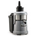 Waring WJX80X heavy duty juice extractor with brushed stainless steel body and black pulp bin, front view