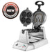 Waring WMB400X mini Belgian waffle maker with removable waffle plate pulled out, user-serviceable badge