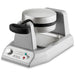Waring WMB400X mini Belgian waffle maker with lid closed, rotating stainless steel housing, angled view