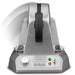 Waring WMB400X mini Belgian waffle maker, close-up of the temperature dial and indicator lights, side view