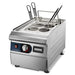 Waring WPC100 countertop electric pasta cooker in stainless steel with four round mesh baskets, angled view