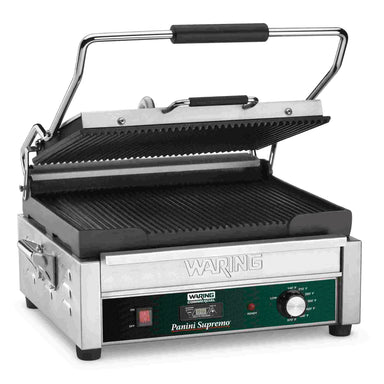 Waring WPG250T Medium Single 14.5" x 11" Press Ribbed Panini Grill, 120V-Phoenix Food Equipment