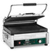 Waring WPG250T single ribbed panini grill in stainless steel with cast iron plates and lid raised, front view