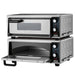 Two stacked Waring WPO100 single deck pizza ovens with the lower door open showing the stone deck interior