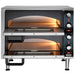 Waring WPO350 medium duty double deck pizza oven with both doors open showing lit stone decks, front view