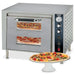 Waring WPO700 double deck single door oven with pizzas visible through both door windows, angled right view