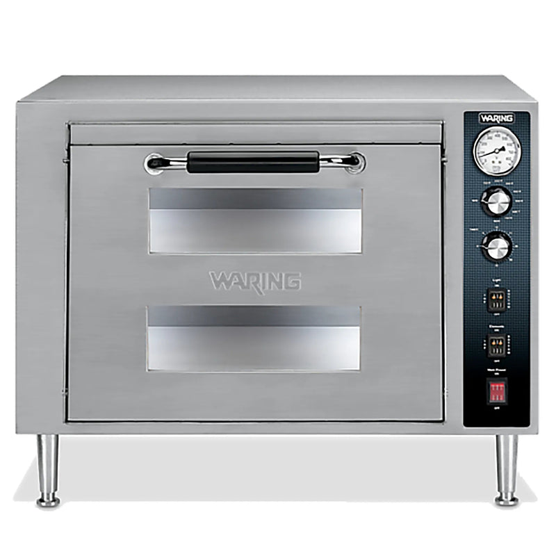 Waring WPO700 heavy duty double deck single door oven in stainless steel on legs with door closed, front view