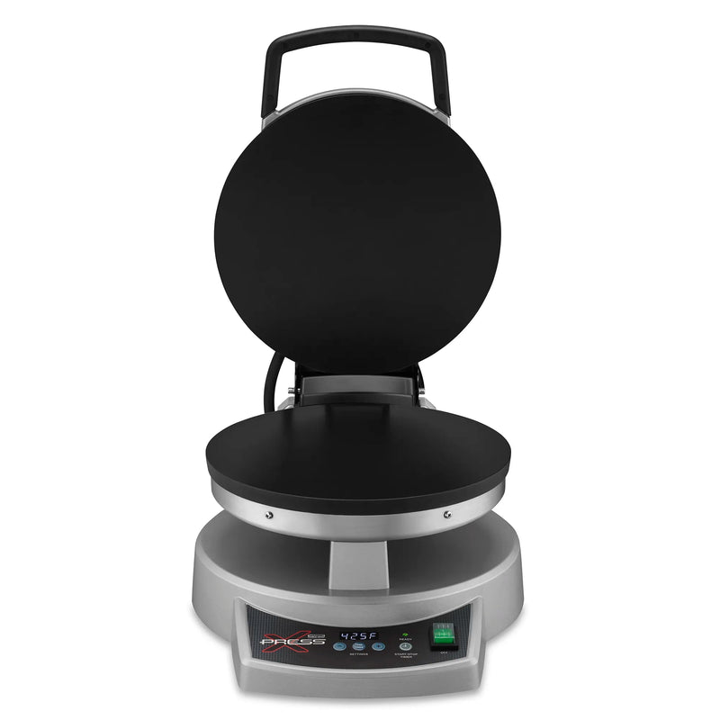Waring WSC300 Xpress multipurpose cooktop with black nonstick plates and hinged lid open, front view