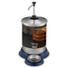 Waring WSD1G 1-gallon syrup dispenser with stainless steel pump, clear jar and blue base, front view