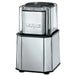 Waring WSG30 heavy duty spice grinder with brushed stainless steel housing and clear lid, front view