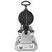 Waring WW180X single Belgian waffle maker, front view with lid open showing the round black waffle grids