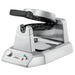Waring WW180X single Belgian waffle maker with stainless steel base, lid partly open, angled view