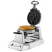 Waring WW200 double Belgian waffle maker, front view with top lid raised and a cooked waffle below