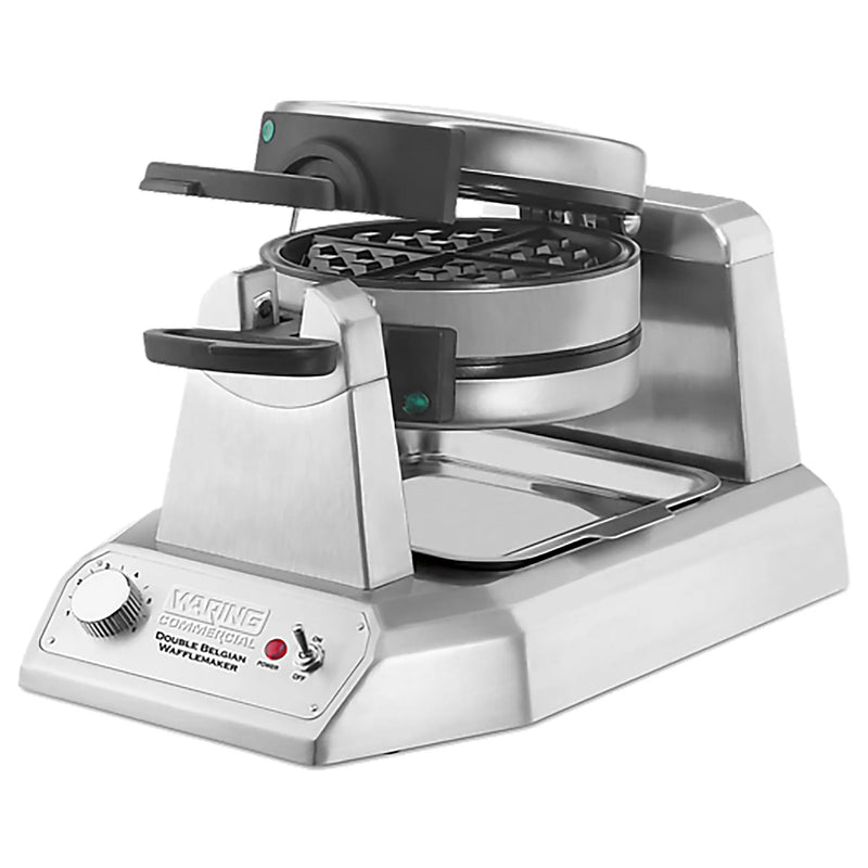 Waring WW200 double Belgian waffle maker with stacked cooking chambers and stainless steel base, angled view
