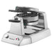 Waring WW200 double Belgian waffle maker with stacked cooking chambers and stainless steel base, angled view