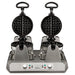 Waring WW250X2 side by side single Belgian waffle maker, front view with both lids open showing grids