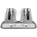 Waring WW250X2 side by side single Belgian waffle maker rotated on its side, dual control panel view