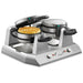 Waring WW300BX side by side double Belgian waffle maker with a golden cooked waffle in the left chamber