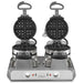 Waring WW300BX side by side double Belgian waffle maker, front view with both top lids open showing grids