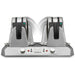 Waring WW300BX side by side double Belgian waffle maker with both units rotated, rear and control view