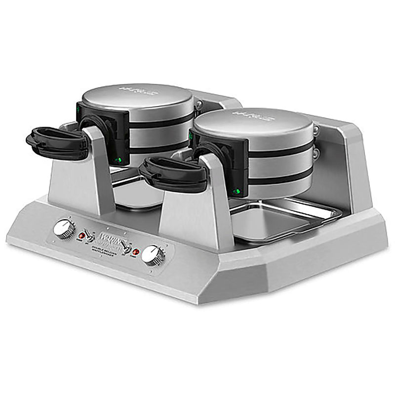 Waring WW300BX side by side double Belgian waffle maker with stainless steel housing, lids closed, angled