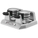 Waring WW300BX side by side double Belgian waffle maker with stainless steel housing, lids closed, angled