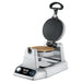 Waring WWCM180 single waffle cone maker, front view with lid raised showing a golden round cone wafer