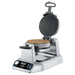 Waring WWCM200 double waffle cone maker, front view with top lid raised and a cooked cone wafer below