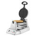 Waring WWD180X single classic waffle maker with lid open showing a golden cooked square-grid waffle