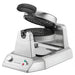 Waring WWD180X single classic waffle maker, angled view with lid partly open showing the black grids