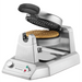 Waring WWD180X single classic waffle maker, angled view with lid partly open and a cooked waffle inside