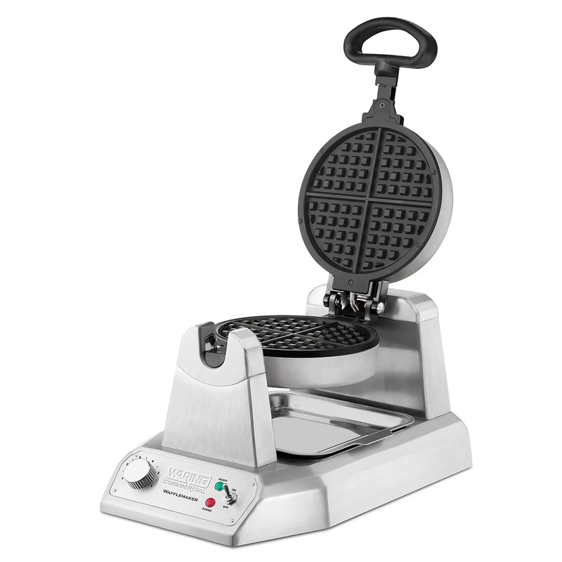 Waring WWD180X single classic waffle maker with stainless steel base, front view with lid open and empty