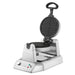 Waring WWD180X single classic waffle maker with stainless steel base, front view with lid open and empty