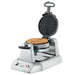 Waring WWD200 double classic waffle maker, front view with top lid raised and a golden waffle below