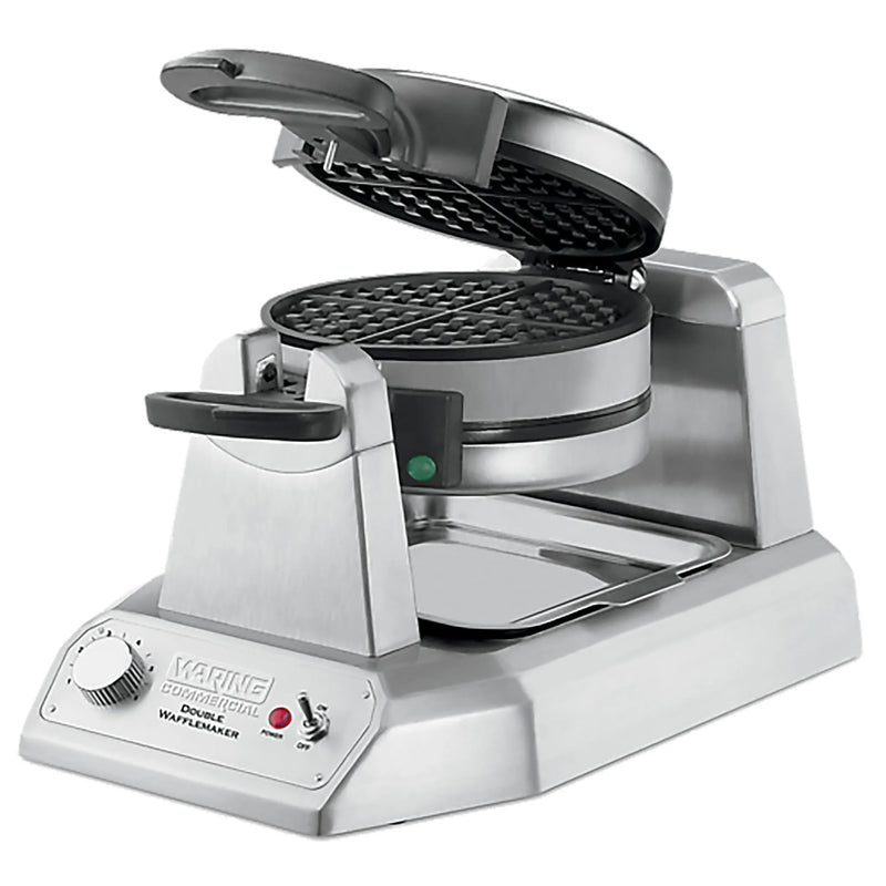 Waring WWD200 double classic waffle maker with stacked cooking chambers, stainless steel base, angled view