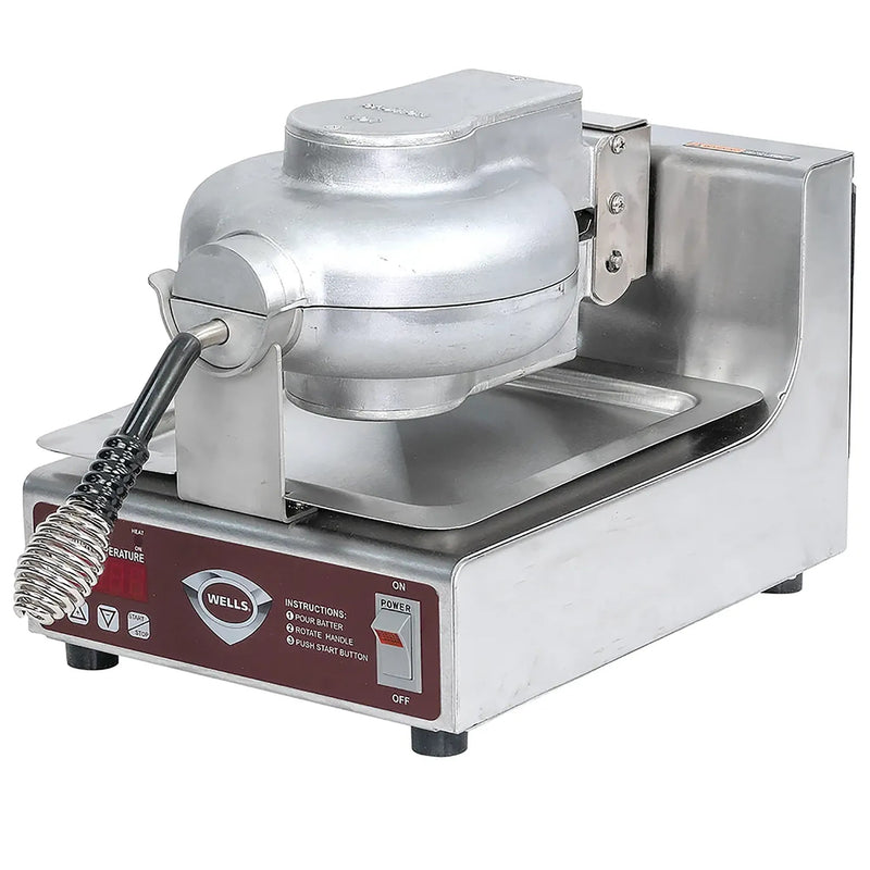 Wells BWB1SE-208V heavy duty Belgian 7-inch waffle baker, 208-240V, stainless steel with coiled handle, side angle