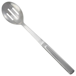Winco 11.75-inch stainless steel slotted serving spoon with hollow handle, satin finish, top view