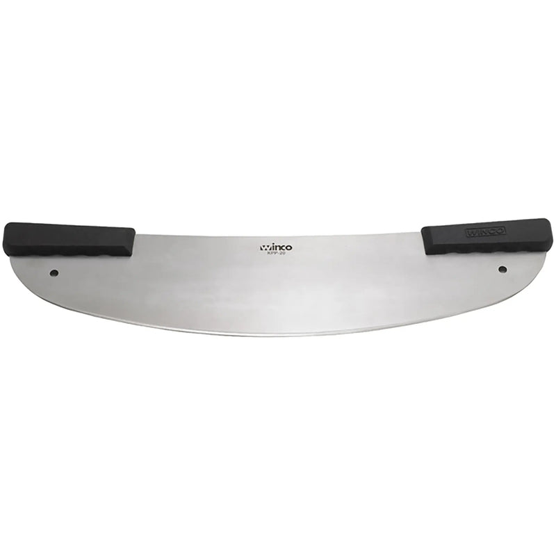 Winco 20 inch pizza rock knife with curved stainless steel blade and two black end handles