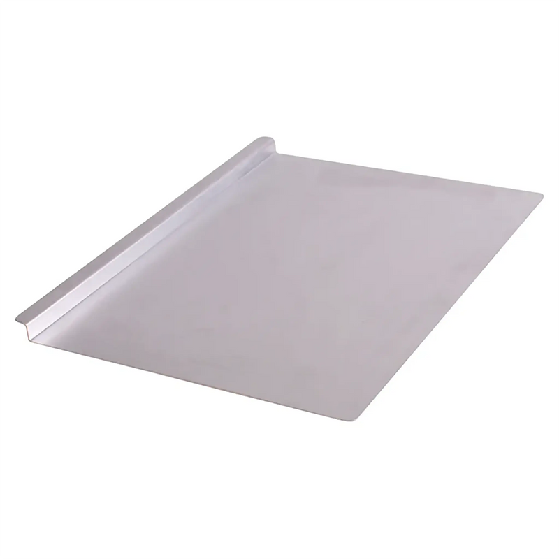 Winco 20 x 14 inch aluminum cookie sheet with one raised edge for gripping and three open sides, angled view