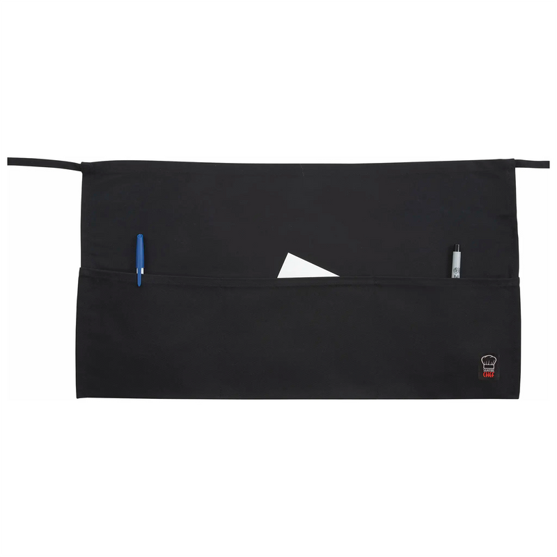 Winco 3-pocket waist apron in black, front view showing the three front pockets, pen slot and long waist ties