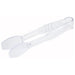 Winco 6-inch polycarbonate flat tongs in clear, one-piece serving tongs with flat grips, angled view