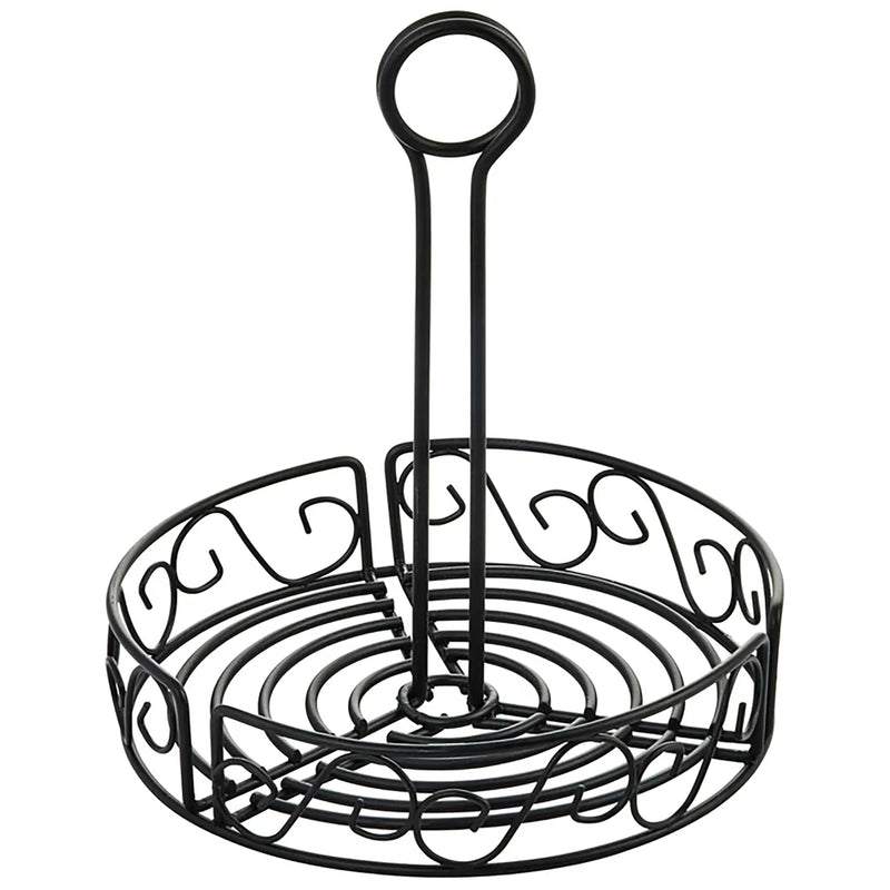 Winco 7-1/2 inch round wire condiment caddy, black scrollwork wire organizer with centre loop handle