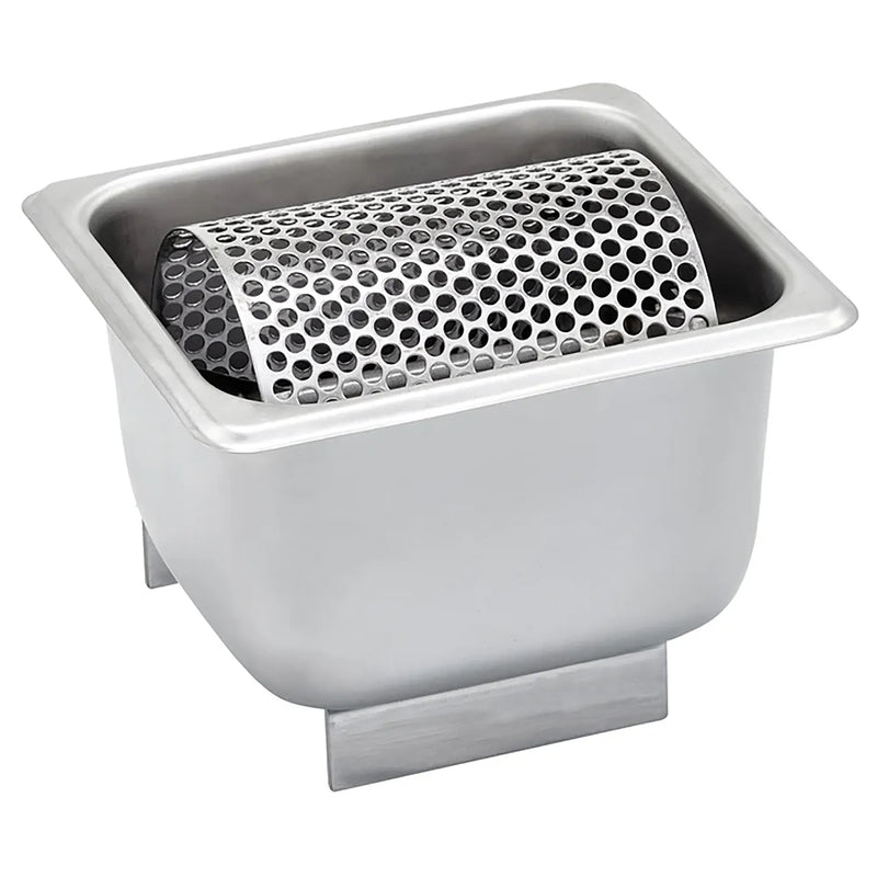 Winco 7" butter roller with perforated stainless steel roller sitting in a stainless steel pan with a base stand