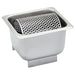 Winco 7" butter roller with perforated stainless steel roller sitting in a stainless steel pan with a base stand