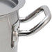 Winco 80 qt stainless steel stock pot with cover, close-up of the heavy riveted side handle on the pot wall