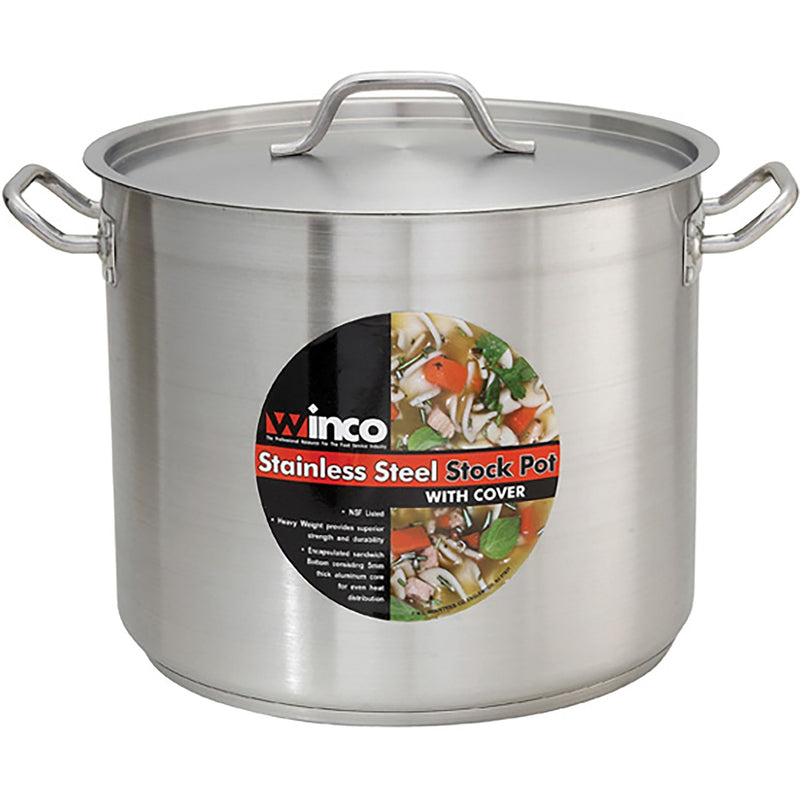 Winco 80 qt stainless steel stock pot with cover and two riveted side handles, shown with its Winco label