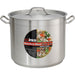 Winco 80 qt stainless steel stock pot with cover and two riveted side handles, shown with its Winco label
