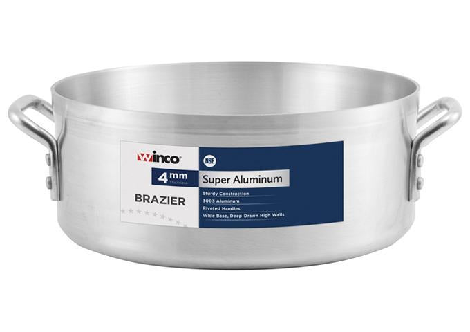Winco ALB Series super aluminum brazier, 4mm thick round pan with two riveted loop handles and product label